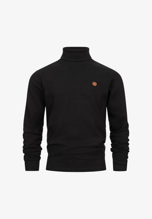 Zwarte coltrui met een geribbelde textuur, aansluitend ontwerp en een klein bruin logo op de linkerborst. Lange mouwen met geribbelde manchetten.