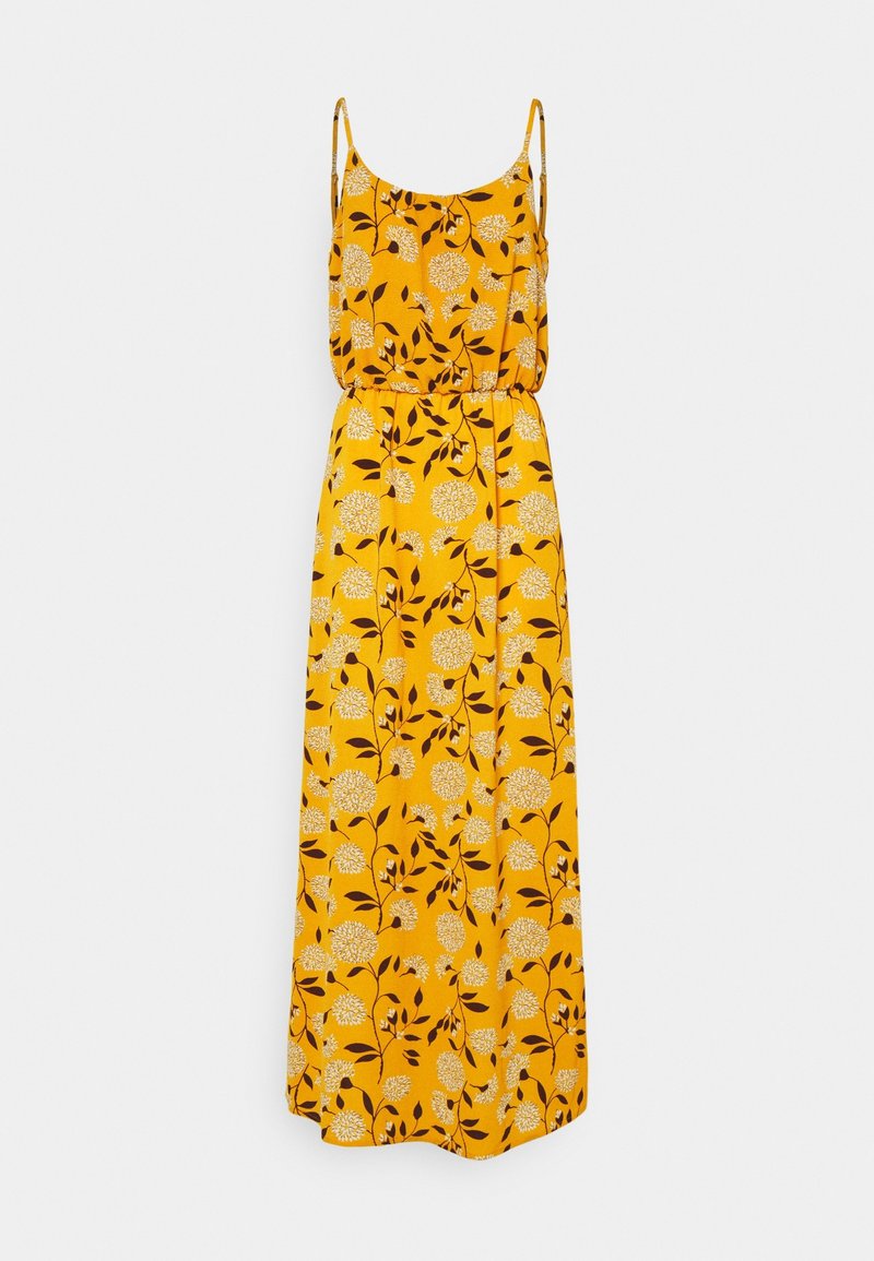 Robe maxi jaune avec fines bretelles et motif floral de fleurs blanches et de feuilles vert foncé.