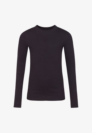 Maglia a manica lunga, girocollo, di colore grigio scuro. Presenta una texture liscia e a coste. Realizzata in tessuto elasticizzato per una silhouette aderente.