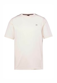 Camiseta de manga corta color crema hecha de tejido suave. Presenta un logo minimalista en el pecho y acentos en contraste en los hombros.