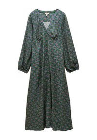 Zelené šaty so vzorom, dlhými puff rukávmi, výstrihom do v a voľným strihom. Materiál má geometrický dizajn s fialovými a bielymi akcentmi.