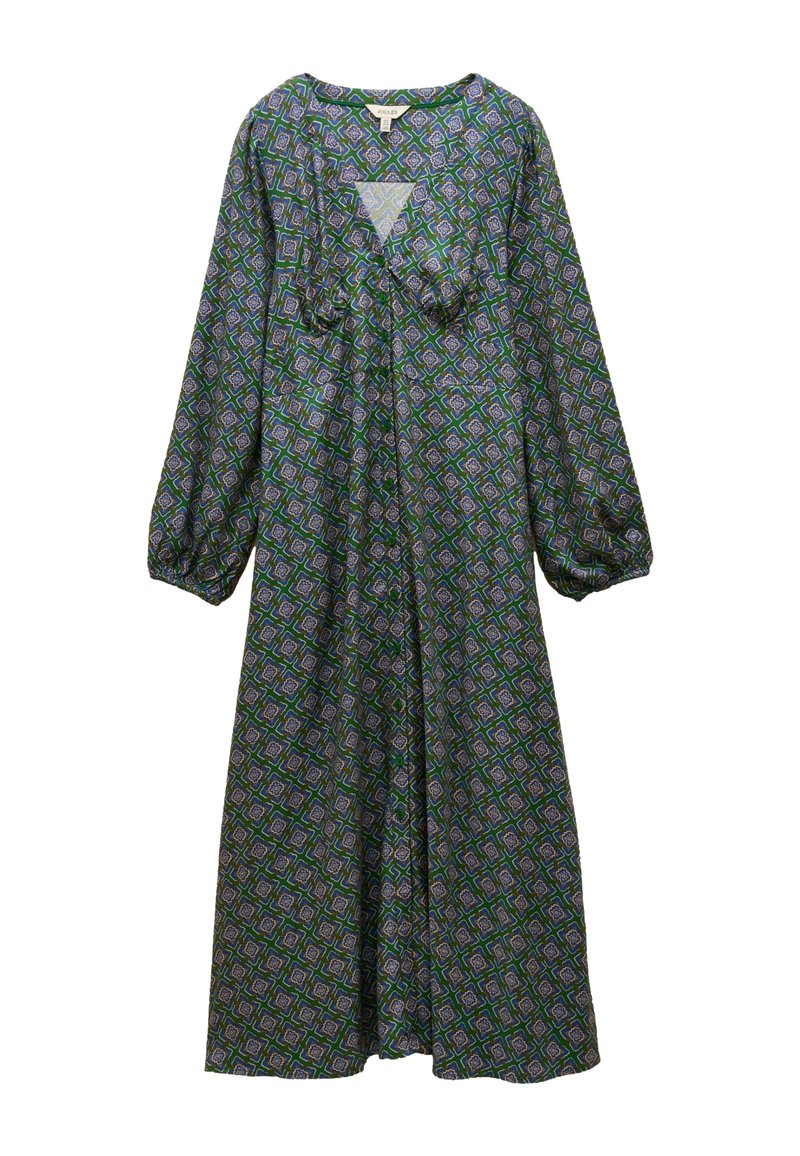 Zelené šaty so vzorom, dlhými puff rukávmi, výstrihom do v a voľným strihom. Materiál má geometrický dizajn s fialovými a bielymi akcentmi.