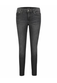 Slim-fit černé džíny z denimu s bledým povrchem, designem pěti kapes a klasickým zapínáním na knoflík. Hladká textura a přizpůsobený tvar.