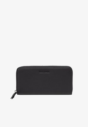 Schwarzes Lederportemonnaie mit Reißverschluss rundum, mit geprägtem Markennamen auf der Vorderseite und Lederzieher am Reißverschluss.