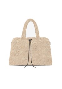 Beige handtas met textuur en twee korte handvatten, voorzien van een trekkoordsluiting, zwarte hardware details en een gestructureerde vorm.