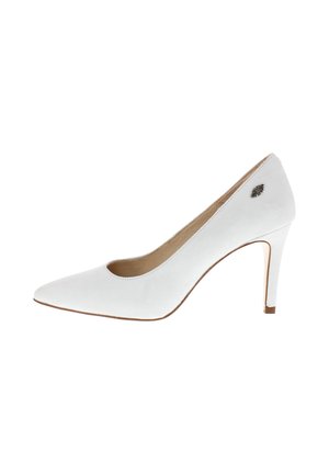 White suede high-heeled shoe with a pointed toe and cut-out design. Features a subtle metallic logo accent on the heel.