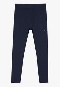 Sötétkék leggings rugalmas anyagból, sima textúrával, testhezálló kialakítással és hímzett logóval a derékrészen.