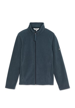 Veste en polaire bleu canard avec un col haut, une fermeture éclair à l'avant et des poches latérales. Présente un logo sur la manche gauche. Texture douce.