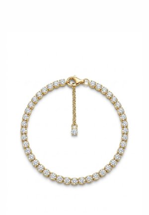 Gold bracelet with round clear gemstones, secured by a lobster clasp, featuring an adjustable chain with a single dangling gemstone.