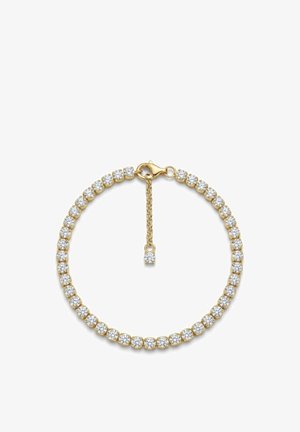 Bracciale d'oro con pietre preziose rotonde e trasparenti, fissato con una chiusura a moschettone, dotato di una catena regolabile con una singola pietra pendente.