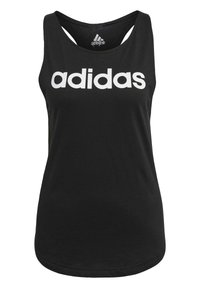 Svart linne med rund halsringning och racerback-design. Har djärv vit "adidas"-text över framsidan. Mjuk tygstruktur.