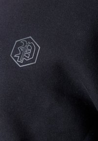 Sechseckiges Logo mit stilisiertem Buchstaben "P" und Flammendesign auf dunklem, strukturiertem Stoffhintergrund.