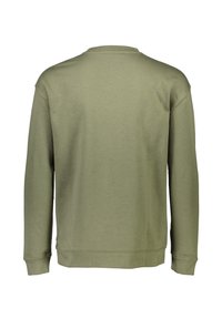 Sudadera verde oliva con escote redondo, mangas largas, puños acanalados y dobladillo recto. Fabricada con un material suave y texturizado.
