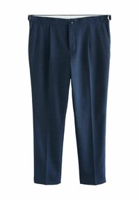Pantalones plegados de color azul marino en una tela texturizada. Con cierre de botón y presillas para cinturón. Diseño de pierna recta con un ajuste entallado.