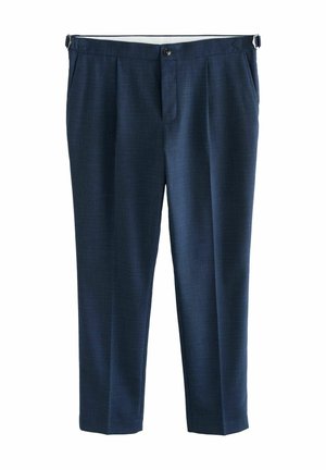 Navy blue pleated trousers in a textured fabric. Features a button closure and belt loops. Straight leg design with a tailored fit.