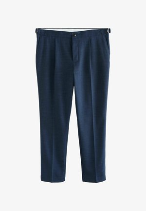 Námornícky modré plisované nohavice z textúrovej tkaniny. Obsahujú zapínanie na gombík a pútka na opasok. Priamy strih s prispôsobeným strihom.