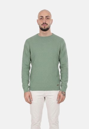 Uomo con barba e tatuaggio che indossa un maglione verde chiaro con trama e pantaloni bianchi, in piedi davanti a uno sfondo semplice.