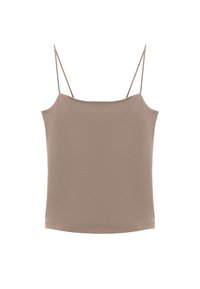 Bruine spaghetti strap top gemaakt van zachte, gestructureerde stof. Vierkante halslijn en rechte snit, met delicate bandjes voor een verstelbare pasvorm.