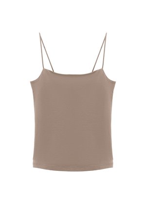 Bruine spaghetti strap top gemaakt van zachte, gestructureerde stof. Vierkante halslijn en rechte snit, met delicate bandjes voor een verstelbare pasvorm.