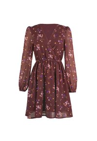 Bordeauxblumenkleid mit langen transparenten Ärmeln, V-Ausschnitt, elastischem Taille und einem fließenden Rock mit kleinen, mehrfarbigen Blumenmustern.