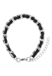 Schwarzes Leder- und silbernes Kettenarmband mit verflochtenen Gliedern und einem verstellbaren Verschluss. Verfügt über einen Kettenverlängerer für Größenvariation.