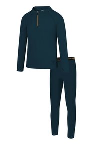 Marineblaues Thermoshirt mit Halbreißverschluss am Kragen und langen Ärmeln, kombiniert mit passenden marineblauen Leggings mit flexiblem Bund.