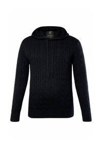 Felpa con cappuccio in maglia cable-knit di un blu scuro, con orlo e polsini a coste. Presenta un colletto pieghevole e un laccetto al colletto. Tessuto morbido.
