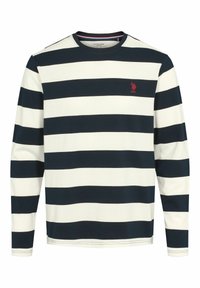 Langarm gestreept shirt in marineblauw en roomwit. Heeft een ronde hals, gestructureerde stof en een klein rood logo op de borst.