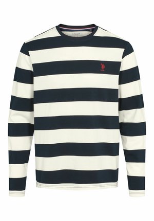 Langärmliges gestreiftes Hemd in Marineblau und Creme. Verfügt über einen runden Ausschnitt, Textilstruktur und ein kleines rotes Logo auf der Brust.