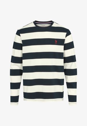 Garās piedurknes svītraina krekls tumši zilā un krēmkrāsas. Iekļauj apaļu kaklu, strukturētu audumu un mazu sarkanu logotipu uz krūtīm.