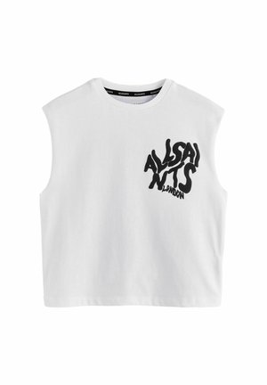 White sleeveless cropped top with round neckline and black distorted "AllSaints London" logo on upper left chest.