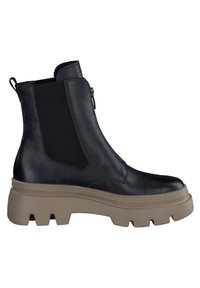 Bottines en cuir noir avec panneaux latéraux élastiques et semelle compensée beige épaisse. Comprend une fermeture éclair et une finition en cuir texturé.