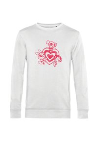 Sudadera blanca de manga larga con un gráfico rosa de tres personajes de dibujos animados y un diseño de corazón en el centro. Textura suave, cuello redondo.