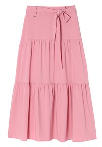 Roze gelaagde midi-rok met gathered naden en een gestrikte tailleband op een effen witte achtergrond.