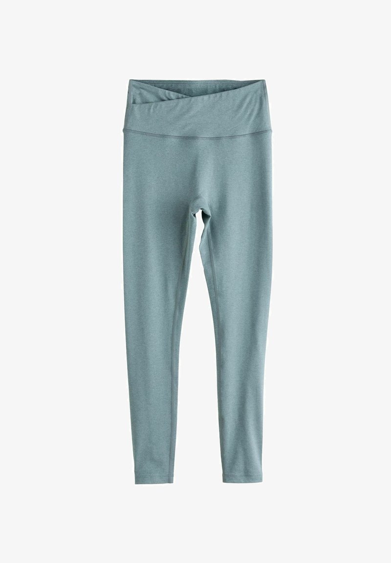 Helle blaue Leggings aus einem dehnbaren Stoff, mit einem breiten, überlappenden Bund und einer enganliegenden Silhouette entlang der Beine.