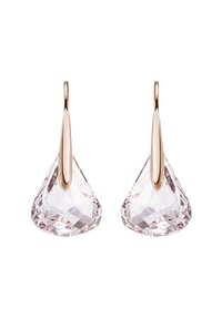 Boucles d'oreilles en or rose ornées de cristaux facettés en forme de goutte d'eau de couleur rose clair, avec des crochets allongés et lisses pour un look élégant.