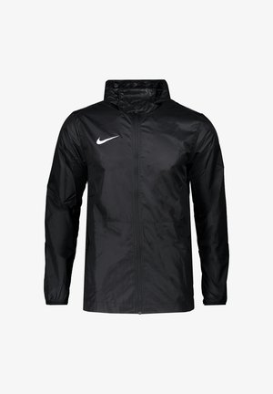 Giacca leggera nera con cappuccio realizzata in materiale lucido, dotata di zip frontale e di un logo Nike bianco sulla parte superiore del petto sinistro.