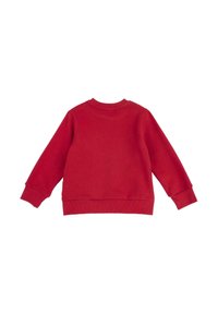 Felpa rossa in cotone con maniche lunghe, girocollo, polsini e bordo a costine. Texture liscia, colore uniforme, senza motivi o accenti visibili.