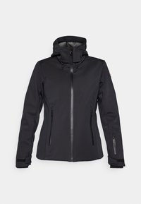 Zwarte softshell jas met een hoge kraag, ritssluiting aan de voorkant, verstelbare kap en twee zijzakken met rits. Voorzien van elastische manchetten en een slank ontwerp.