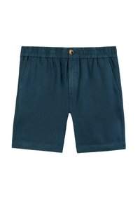 Shorts en coton teal foncé avec un waistband élastique, poches avant et fermeture à bouton unique. Texture lisse et design décontracté.