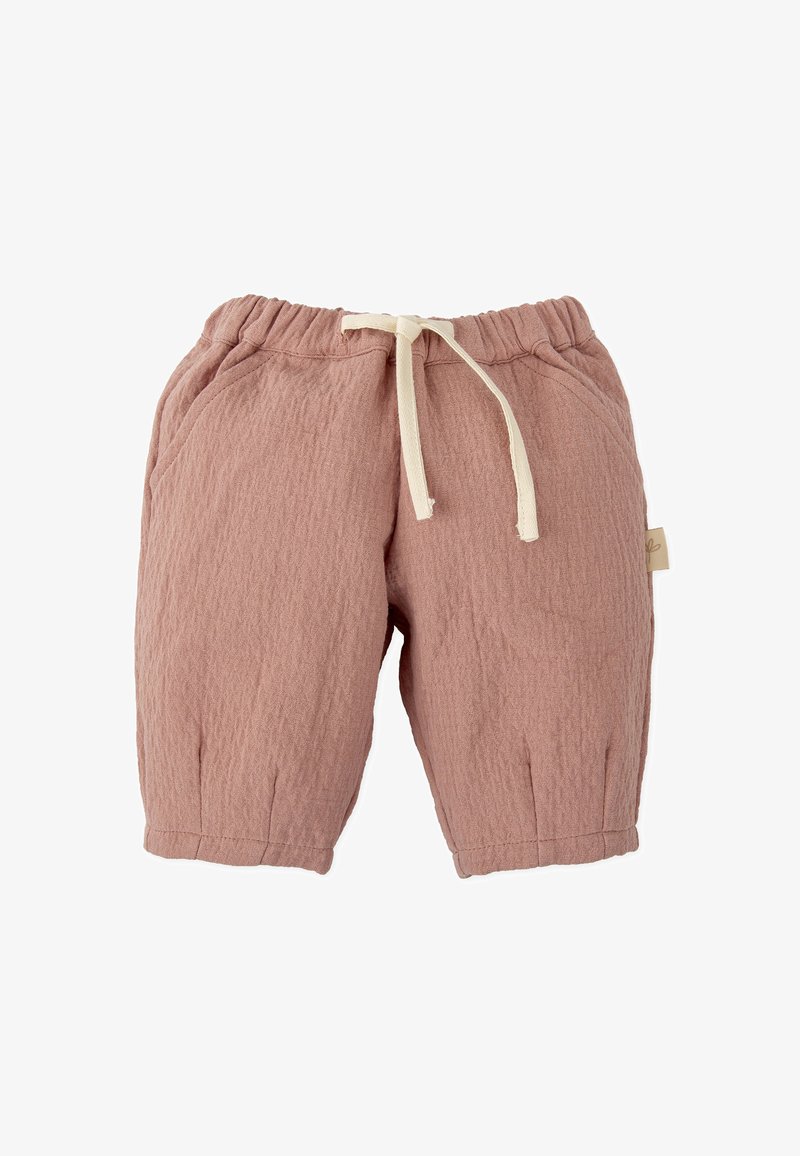Shorts rose, texturés avec une taille élastique et un cordon de serrage blanc cassé ; dotés de poches latérales et d'un ourlet retourné.