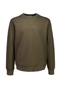 Felpa verde oliva in misto cotone, con collo rotondo, maniche lunghe e la scritta "LINDENBERGH" in verde chiaro sul petto.