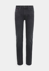 Jeans de mezclilla negra con corte recto, diseño de cinco bolsillos y un cierre de botón visible. Presenta sutiles acentos de costura en rojo y azul.
