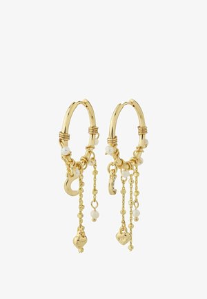 Aukso lankinukai auskarai su kabančiomis grandinėlėmis, kuriose yra širdies pakabučiai ir baltos karoliukai, pasižymintys poliruotu paviršiumi ir sudėtingais dizaino elementais.