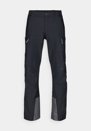 Sorte cargo-bukser lavet af slidstærkt stof, med sidelommer, forstærkede knæ og grå detaljer i kanten. Designet til udendørs brug.