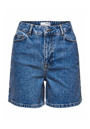 Denim šorti vidēji zili, ar augstu vidukli, piecām kabatām un kontrastējošām šuvēm. Gluda tekstūra ar klasisku dizainu.