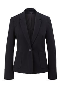 Blazer nero con colletto a reparte, due tasche frontali con pattine e una texture liscia. Progettato con chiusura a un bottone.