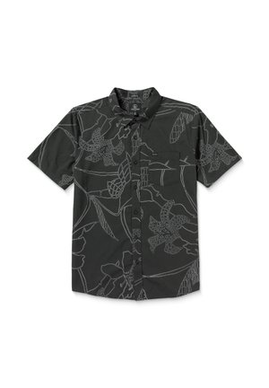 Short-sleeve button-up shirt in dark gray with a white floral pattern. Features a chest pocket and a classic collar design.
