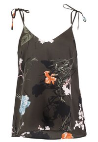 Czarny kwiatowy top na ramionkach z regulowanymi sznureczkami, z dekoltem w kształcie litery V. Udekorowany niebieskimi, pomarańczowymi i różowymi kwiatami na ciemnym tle.