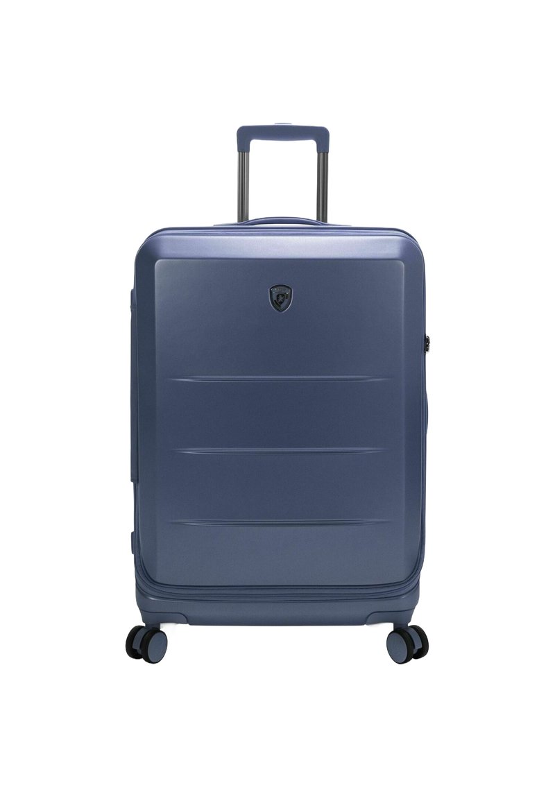 Hartschalenkoffer in Marineblau, mit glatter Oberfläche, horizontalen Rillen, einem ausziehbaren Griff und vier Doppelrollen.